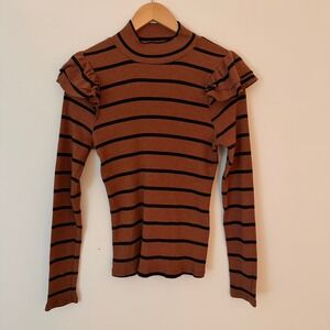 Anthropologie t.la Ruffled Turtleneck Top Brown Black Stripped Size Medium